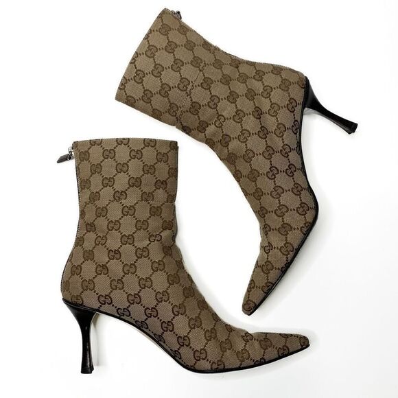 Gucci Monogram Double G Logo Canvas Calf Booties US 8 Brown Beige Supreme Heels - Picture 8 of 12